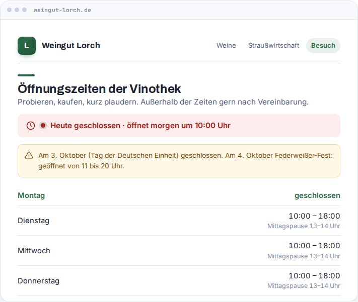 Vorschau: Öffnungszeiten mit Live-Status