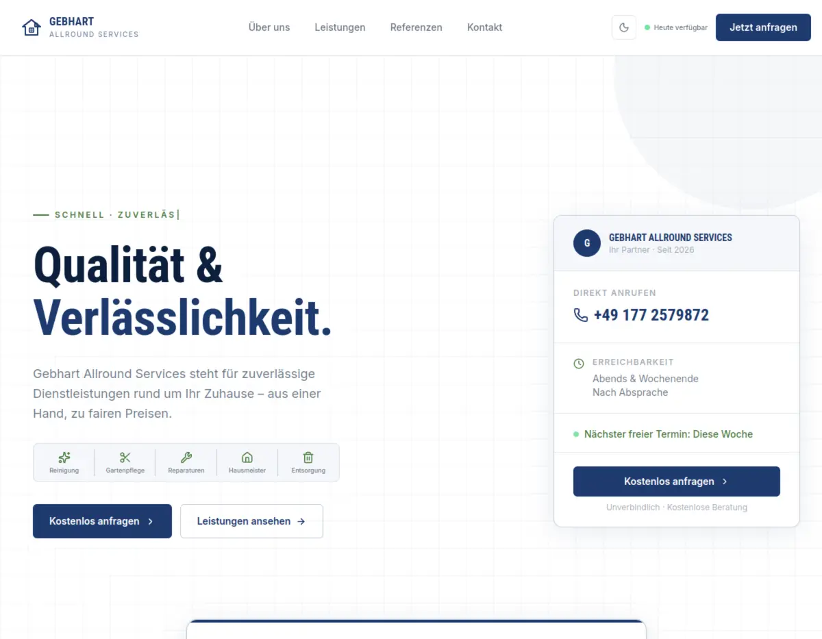 Website von Gebhart Allround Services mit der Überschrift Qualität und Verlässlichkeit und einer Anfragebox