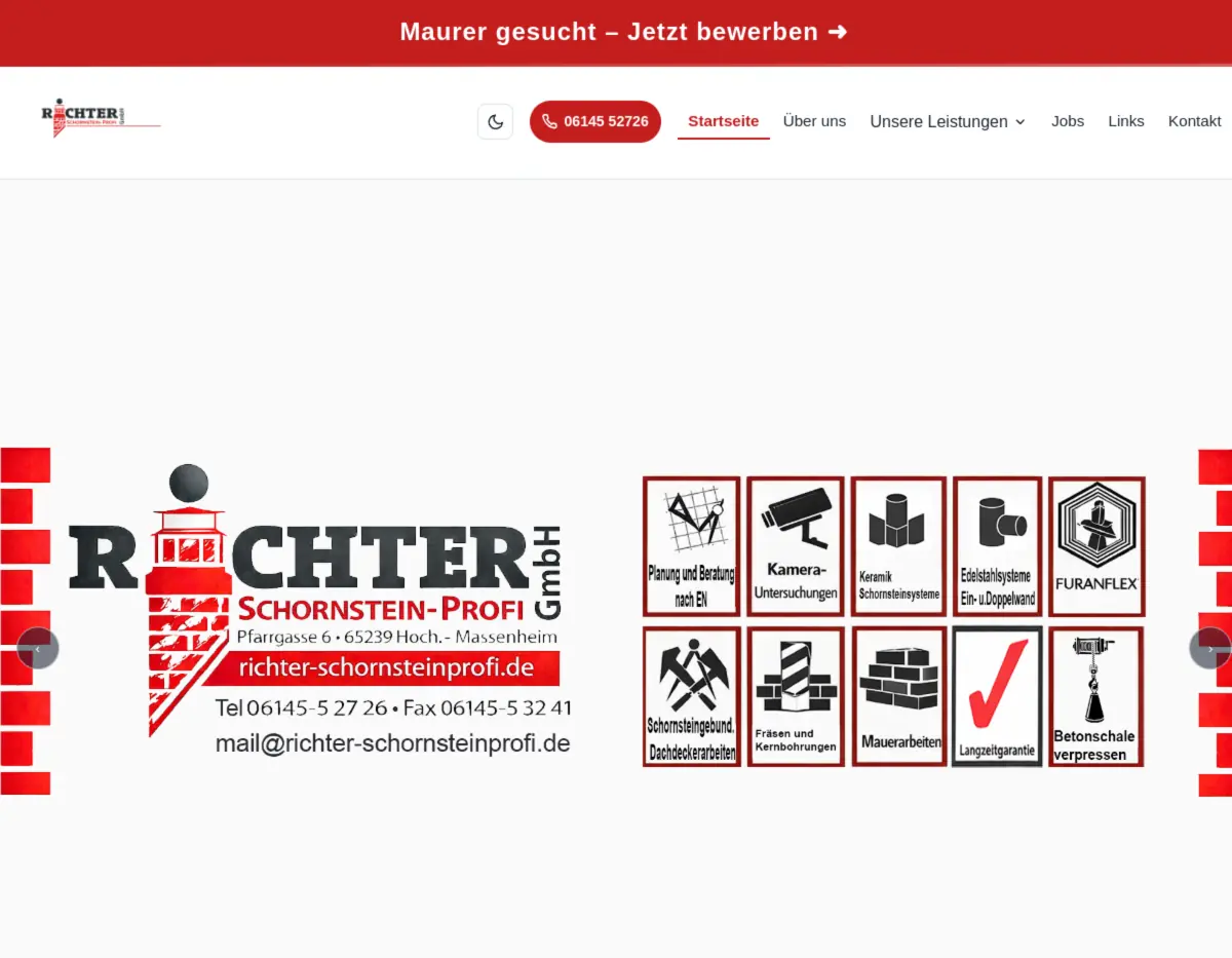 Website des Schornsteinfeger-Meisterbetriebs Richter mit Leistungsübersicht und Stellenanzeige